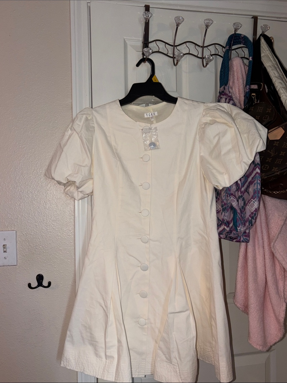 TCEC Puff-Sleeve Mini Dress in Ivory